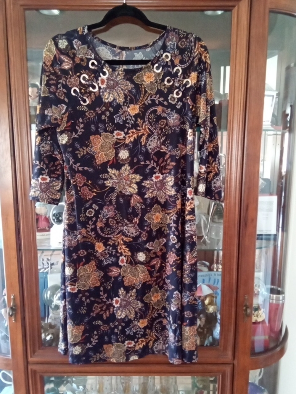 Women’s Navy Floral Midi Dress with Lace-Up Neckline